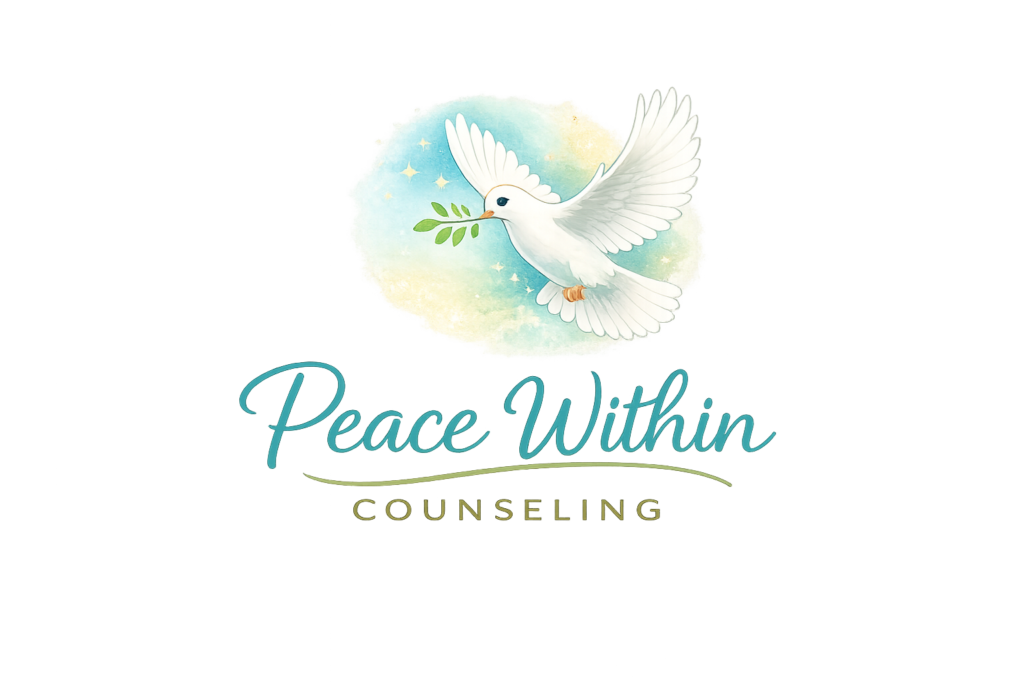 peace within counseling logo with a dove carrying an olive branch